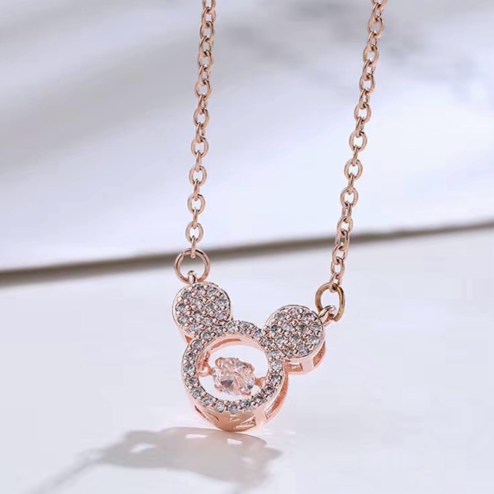 NEW Rose Gold Stainless Steel Mickey Mouse Necklace w/Suspended Rhinestone